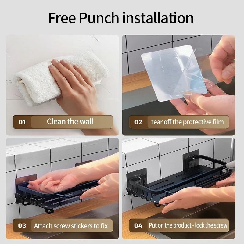 No Drill Adhesive Type Kitchen Organizer Kitchen Shelf Cleaning Cloth Storage Draining Rack Household Detergent Sponge Rack