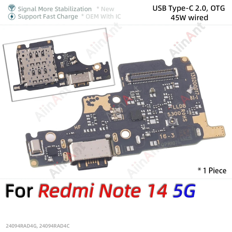 Bottom USB Charger Board Dock Connector Charging Port Flex Cable For Xiaomi Redmi Note 13 14 13C 14C 14R 13R Pro Plus 4G 5G Part