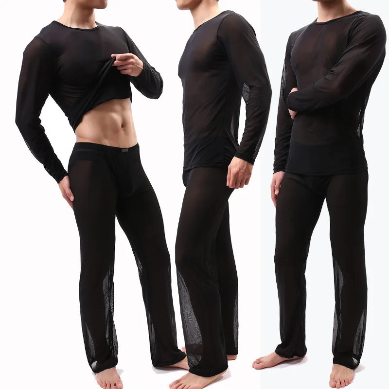 Sexy Transparent Thin Men's Pajamas Night Wear Suit Long Sleeve Shirt Pants Set
