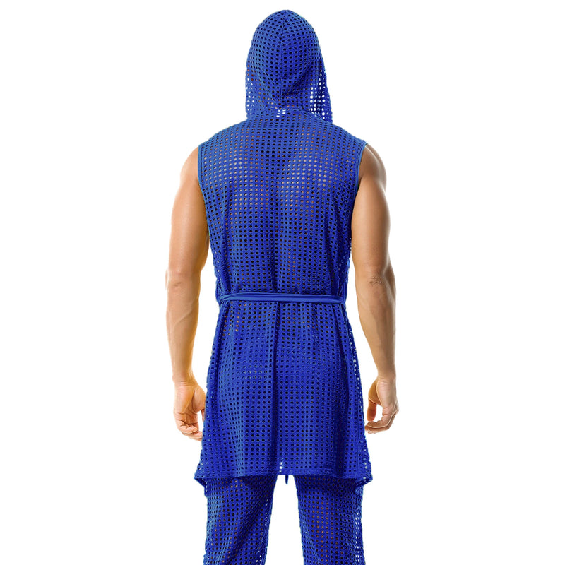 Men's Fishnet Hollow Out Robes Classic Lounge Pants Sexy Sleepwear Mens Robe Sets Daily Home Sleeveless Bathrobes Hooded Pajamas