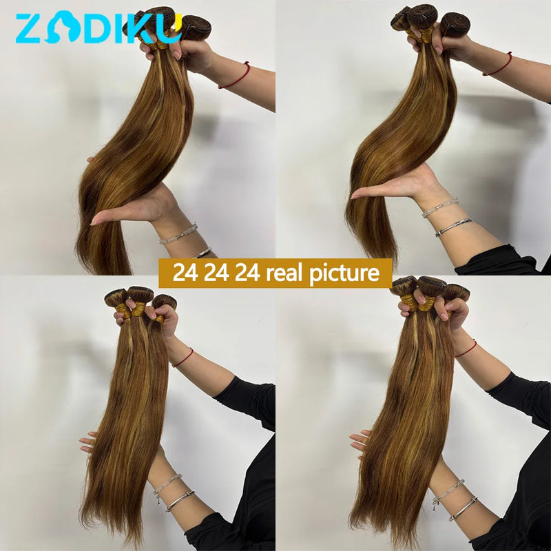 12A Highlight Bundles Human Hair P4-27 Straight Human Hair Bundles 100% Human Hair Raw Hair Bundles Highlight Wig Human Hair