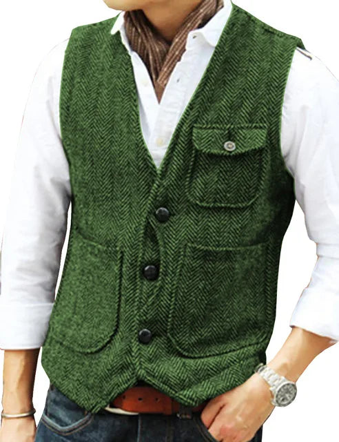 Men Vest Brown Herringbone Wool Tweed V Neck Single Breasted Retro Tooling Vest Male Gentleman Business Waistcoat For Wedding