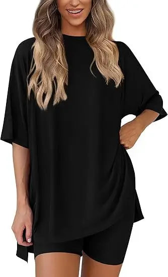 2026women's New Fashion Trend Basic High-quality Casual Round Neck Slit Loose Casual and Comfortable Women's Two-piece Home Suit