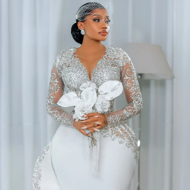 Customized African Long Sleeve Bride Dress Lace Beaded - View 3 | SAMAG