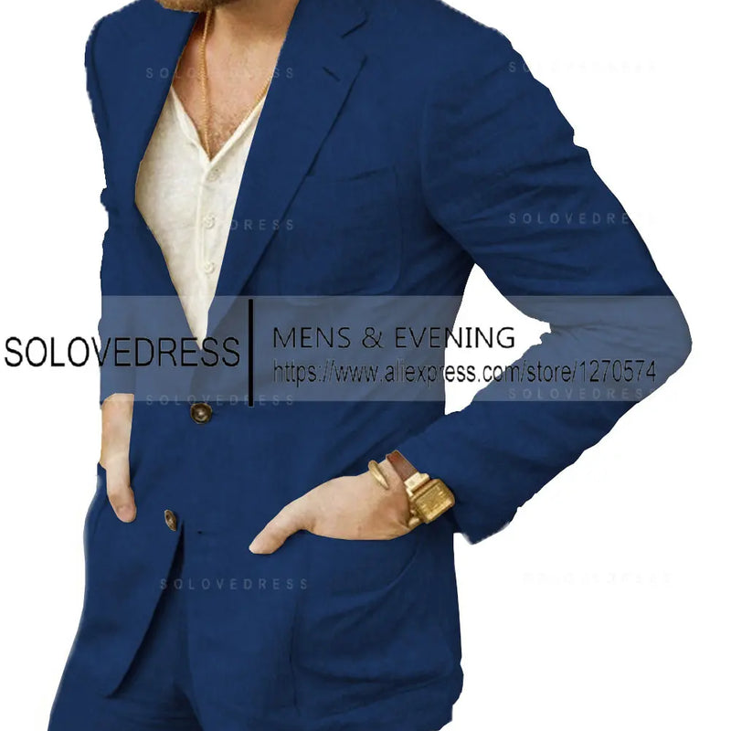 Summer Linen Suit Men Casual Party Classic Blazer Pants 2 Pieces Holiday Travel Tailor-made Breathable Cool Male Outfits