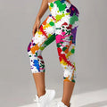 Women's Capri Pants Leggings, Watercolor Print Tights - View 2 | SAMAG