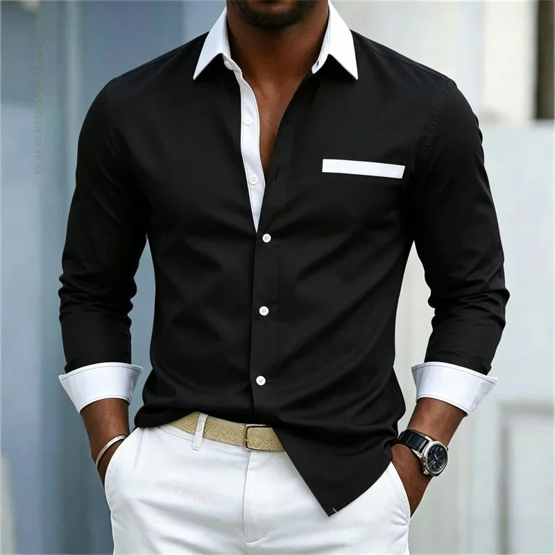 Men's shirt color blocking black and white lapel slim fit | SAMAG
