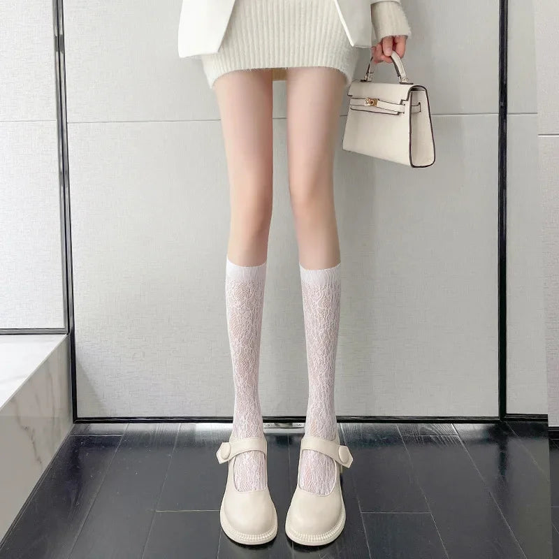 Lace Flower Print Long Socks Lingerie Sexy Floral Mesh High Knee Sock Women Summer Thin Transparent Lolita Kawaii Calf Stockings