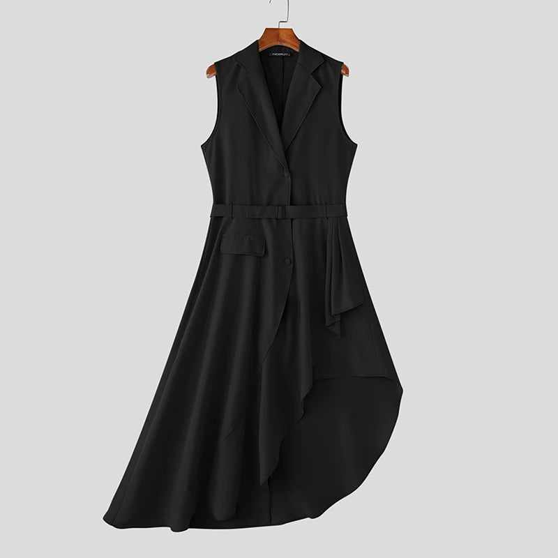 INCERUN Men Vests Solid Lapel Sleeveless Irregular Vests Men 2025 Ruffle Fashion Male Long Style Waistcoats With Belt Streetwear