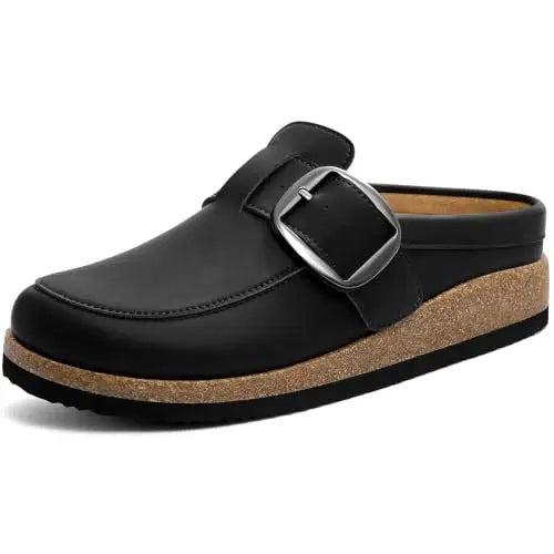 Kidmi Women's Classic loafer-inspired Design Vegan Leather Slip On Clogs With Big Buckle Lady Supportive Cork Footbed Slippers
