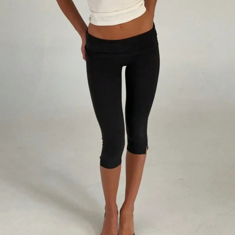 Women's Y2K Low Waist White Capri Leggings Fold Over Waistband Split Hem Solid Color Slim Fit Stretchy Cropped Leggings Buttery