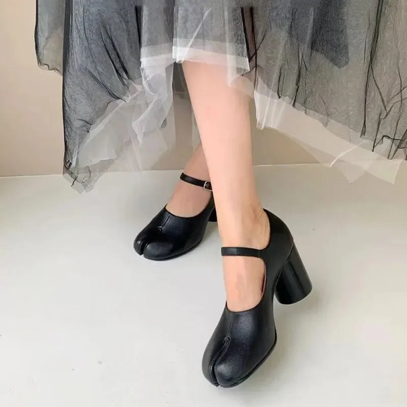 Ballet Style Fashion Split toe Mary Janes Women Pumps Comfortable Soft Leather Thick High heels Spring Summer Tabi Chunky Shoes
