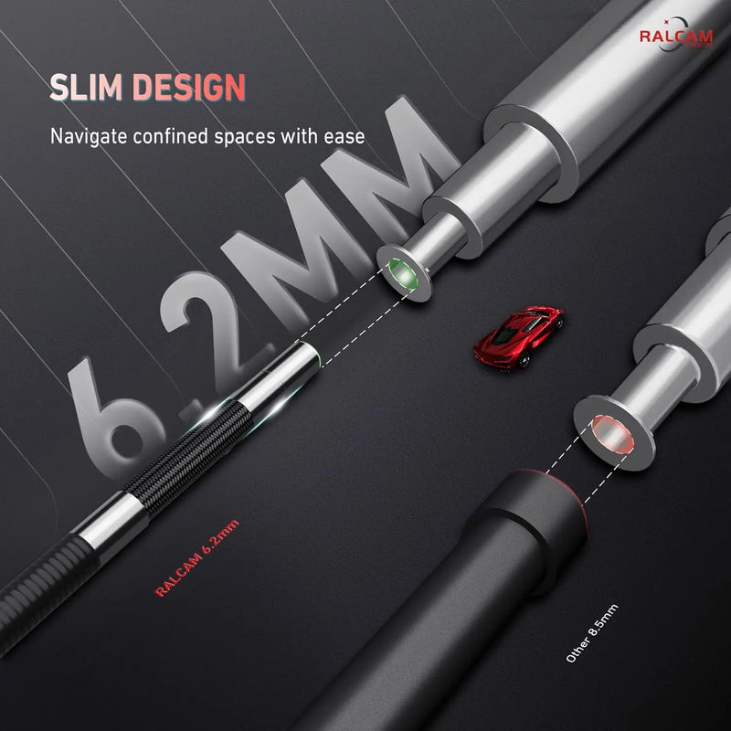 Ralcam  Endoscope Camera with 210° Movable Head, 6.2 mm Probe, 5 Inch HD Screen IP67 Inspection Camera， for Car and Home