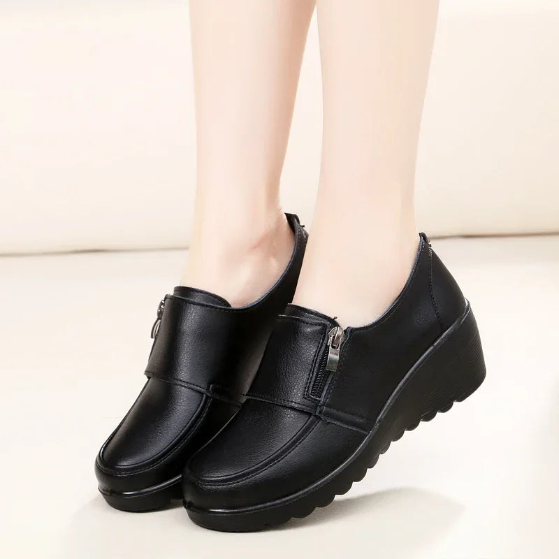Ngouxm Spring Autumn Women Pumps Wedges Shoes Woman Genuine Leather Casual Shoes Mother High Heels Shoes