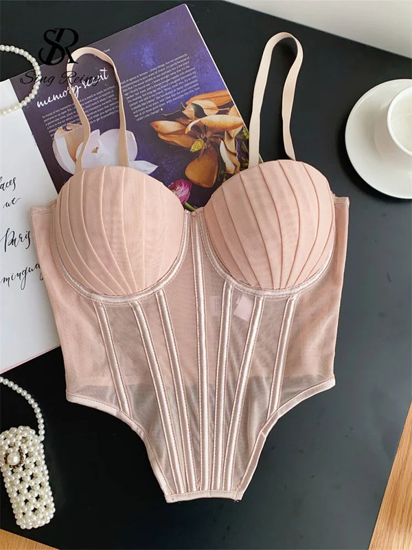 SINGREINY Fashion Solid Corset Lingerie Top Ladies Strap Sheer Mesh Slim Camisole American Retro Backless Beach Sexy Tank Top