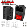 IEC 320 C13 C14 AC Inlet Power Plug Socket 250V 10A Fuse Red Lamp Rocker Switch Rewirable 3Pin Electrical Male Female Connector