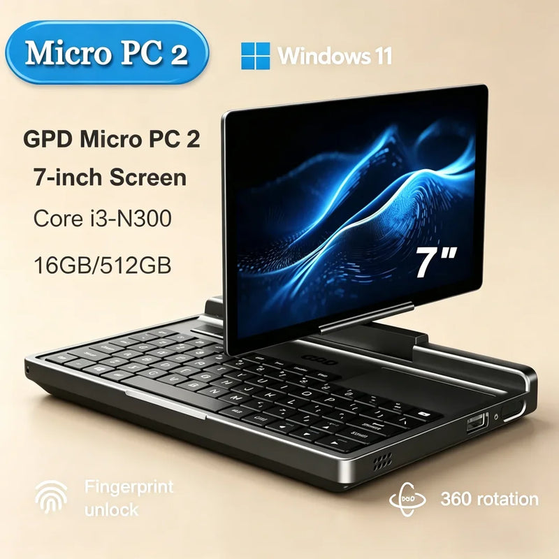 Elite Portable Powerhouse: GPD Micro PC 2 with N300 CPU, 16GB RAM & 512GB SSD - Unchain Speed on this 7" Windows 11 Palm-Size