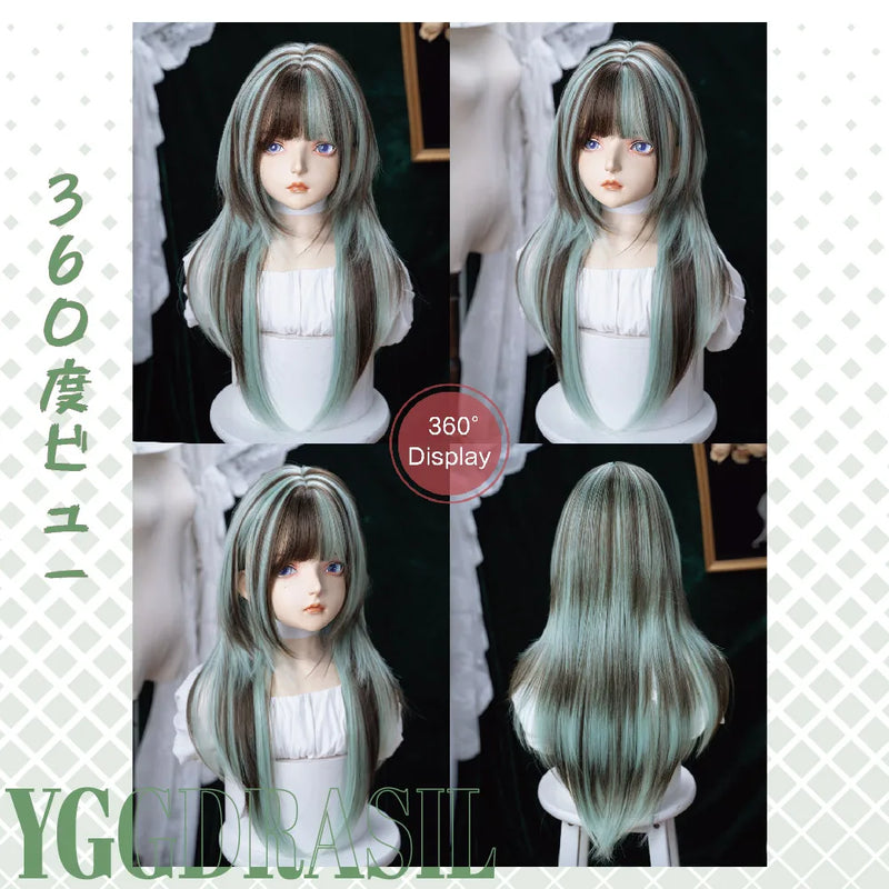 28Inch Lolita Style Mint Chocolate Synthetic Wigs with Bangs Long Natural Straight Hair Wig For Women Cosplay Heat Resistant