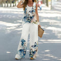 Women Casual 2 Piece Outfit Sleeveless Tank Top + Leaf Print Wide Leg Pants Set Summer Vacation Loungewear