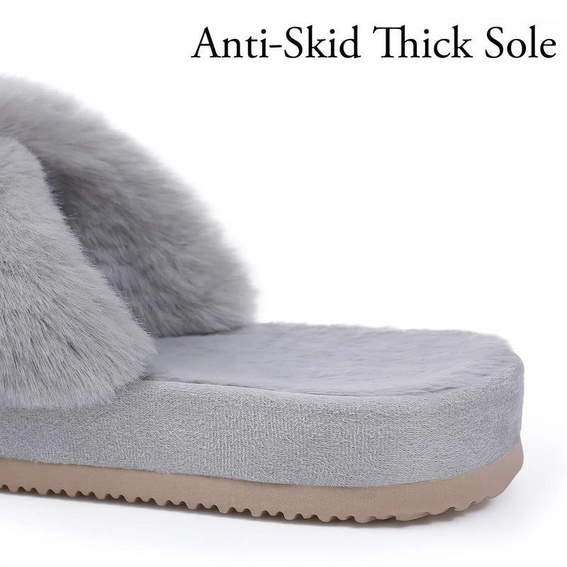 Comwarm Women's Cross Band Fuzzy Slippers Fluffy Open Toe House Slippers Cozy Plush Bedroom Shoes Indoor Outdoor Fur Sandals