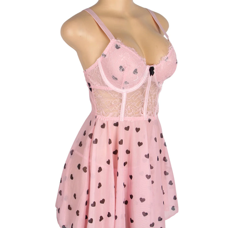 Black Heart Print Lace Babydoll Lingerie Set for Women Push Up Underwire Nightdress Mesh Sleepwear with Panties