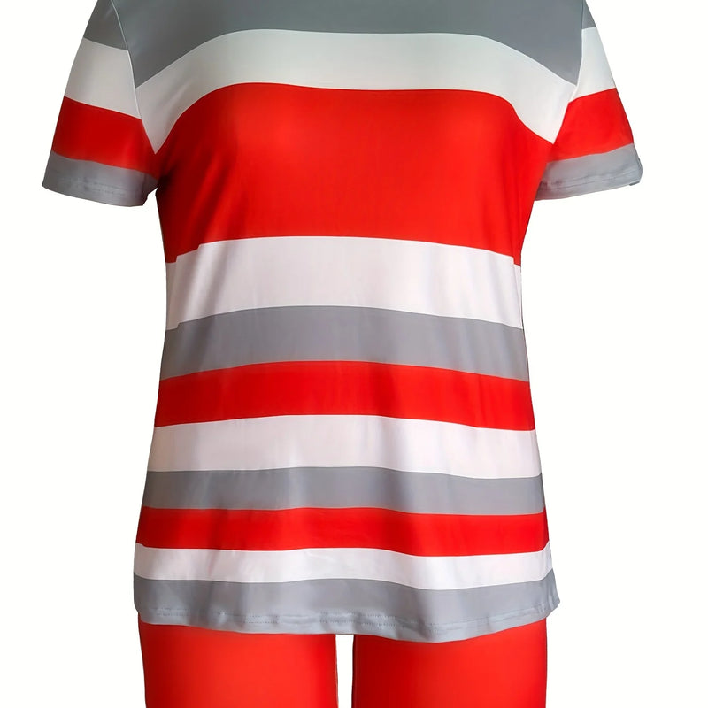 Trendy Plus Size Women's Two Piece Set Striped Short Sleeve Top and High Waist Shorts Casual Outfit