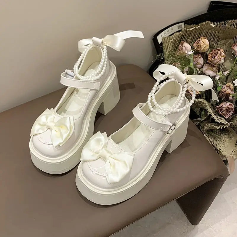 Women's High Heels 2025 High Quality Square Heels Round Toe Mary Jane Bow Buckle Dress Party Women's High Heels