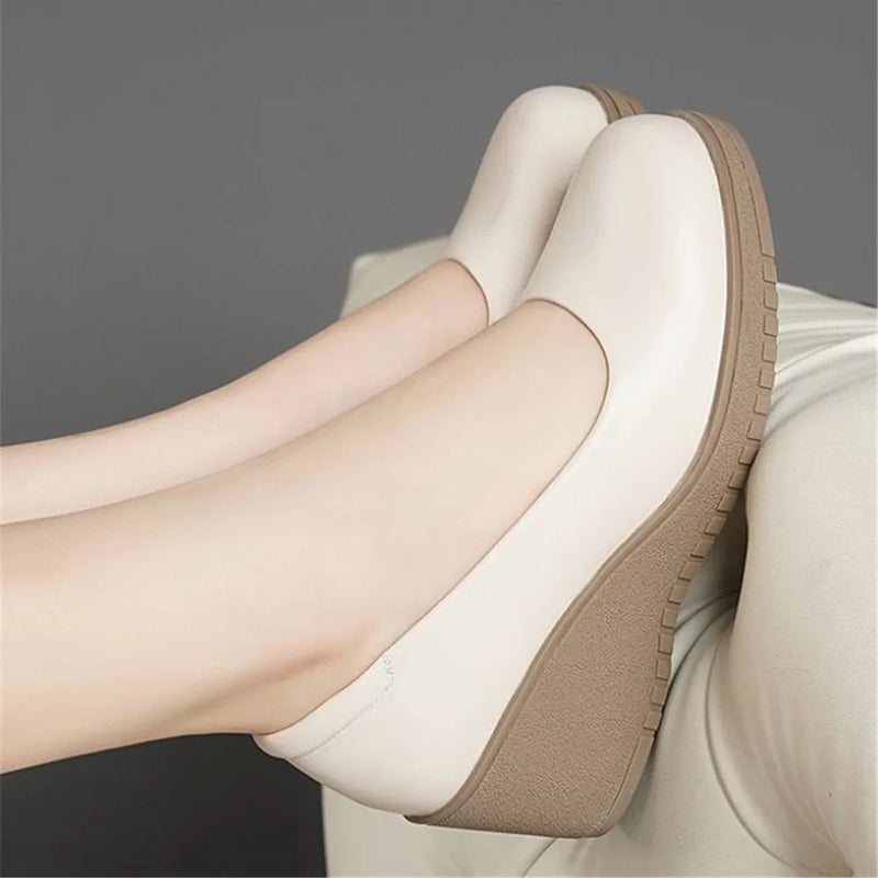 cresfimix women fashion sweet light weight black spring comfort slip on wedge heel shoes lady cool black leather heel shoe ab619