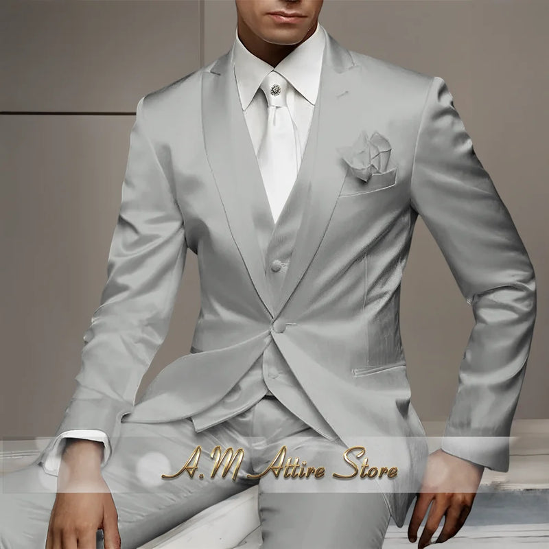 Men's Wedding Party Suits 3 Piece White Satin Mikado Jacket Vest Pants Set for Summer Banquet Party Father Gift Tailored Fit