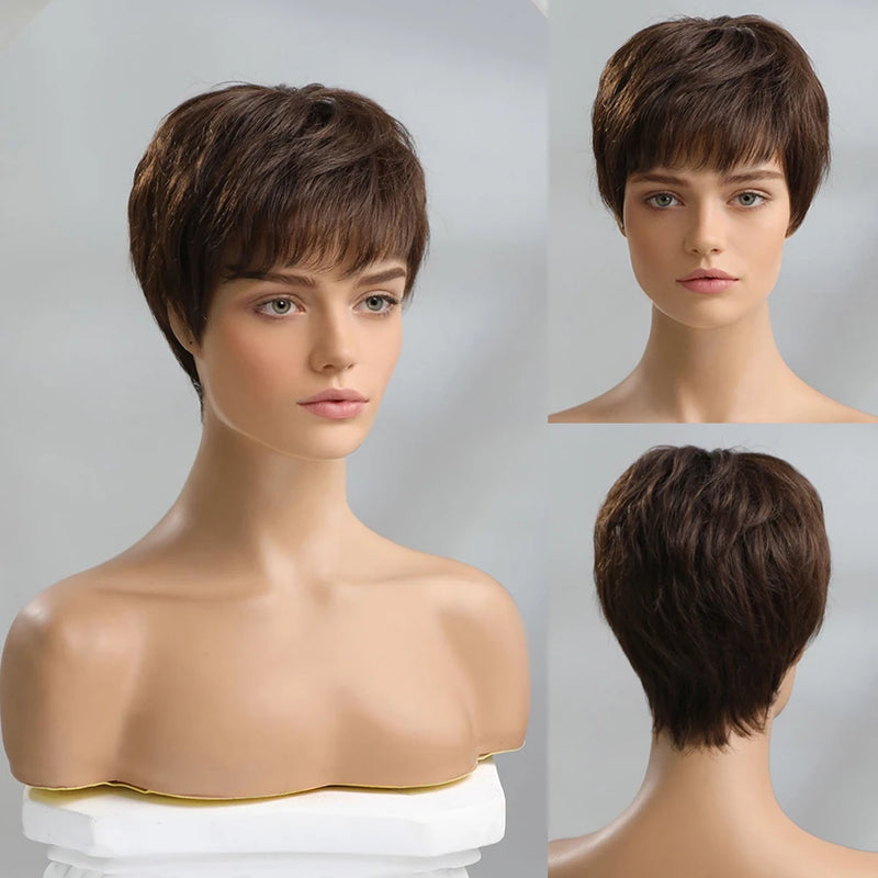 Short Ombre Blonde 100% Human Hair Wigs for Women Afro Remy Wig with Bang Pixie Cut Layered Human Hair Machine Made Women Wigs