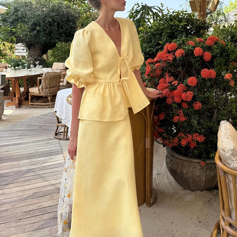 Summer Women's V-Neck Lace-Up Bubble Puff Sleeve Shirt  Long Skirt Set Loose Casual 2 Two-Piece Suit Sets
