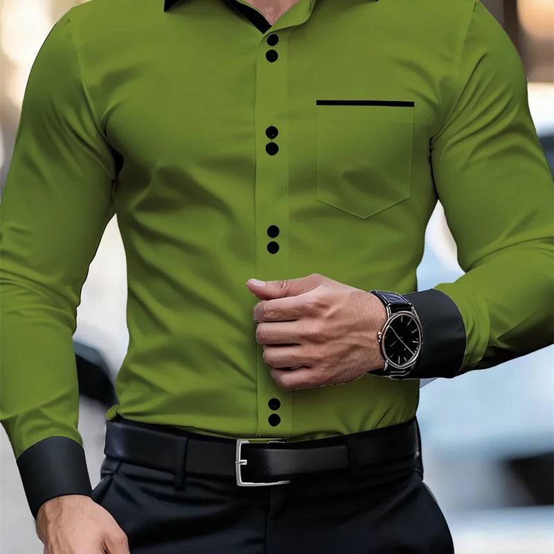 Men's Business Color Block Collar Long Sleeve Shirt, Slim | SAMAG
