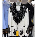 Luxury Paisley Men's Beading Suit Set, 3-piece Formal Suit Set Jacket Vest Pants Black White Rhinestones Tuxedo Set
