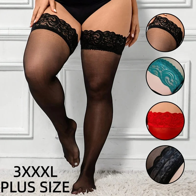 3XXL Women's Plus Size White Striped Lace Silk Stockings Black Fishnet Over Knee Thin Long Socks for Woman Girls 2026 NEW Summer