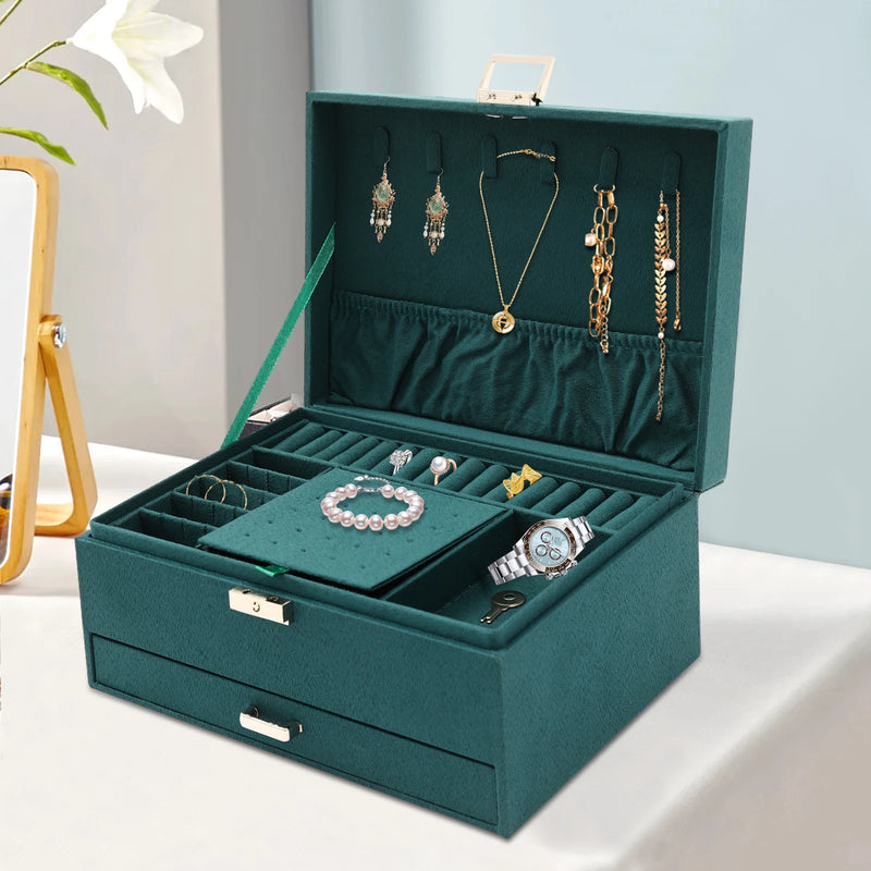 3 - Tier Dark Green Jewelry Box Organizer with 15 Ring Slots 10 Earring Hooks 18 Stud Holes Drawers for - Visuel 4 | SAMAG