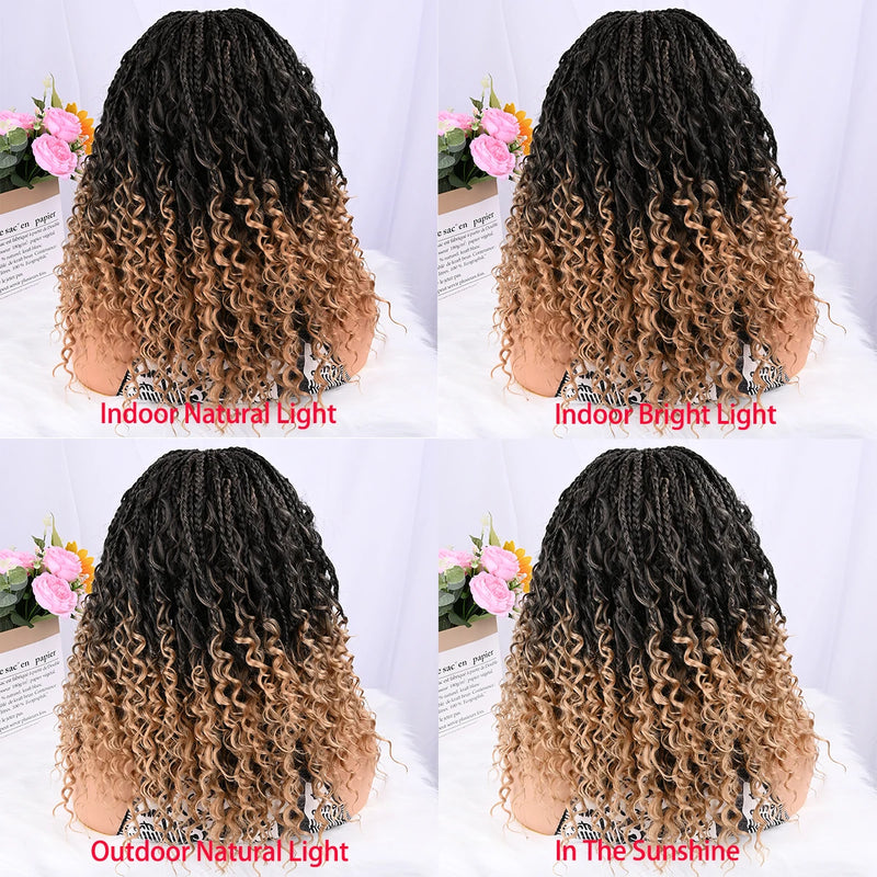 Short Boho Bohemian Box Braids Braided Wig Full Lace Boho Braided Wigs Synthetic Curly Hair with Baby Hair for Black Women