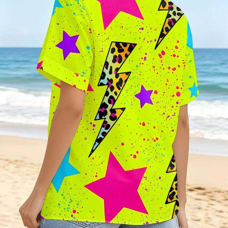 Neon Green Star Pattern Lapel Shirt for Women Leopard - View 2 | SAMAG