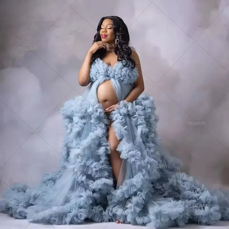 Maternity Dresses for Photoshoot Ruffles Tulle Pregnant Photo Gowns Baby Shower Off Shoulder Front Slit Bridal Sleepwear Robe