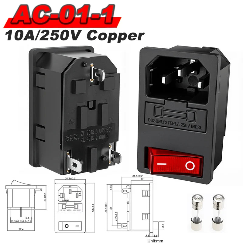 IEC 320 C13 C14 AC Inlet Power Plug Socket 250V 10A Fuse Red Lamp Rocker Switch Rewirable 3Pin Electrical Male Female Connector