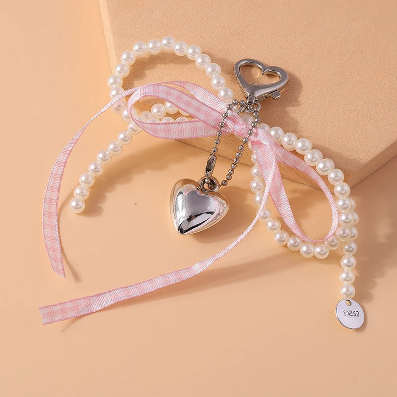 Pretty Handmade Pearl Bowknot Keychain for Women Girl Love Heart Key Ring Pendant Handbag Accessories DIY Jewelry Gift