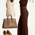 Women Notched Lapel Sleeveless Vest Draped Collar Top High Waist Flare Pants Two‑Piece Suit Business Formal Daily Wear