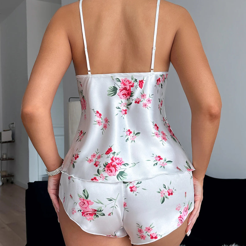 V Neck Lace Printed Halter Shorts Set Fashionable | SAMAG