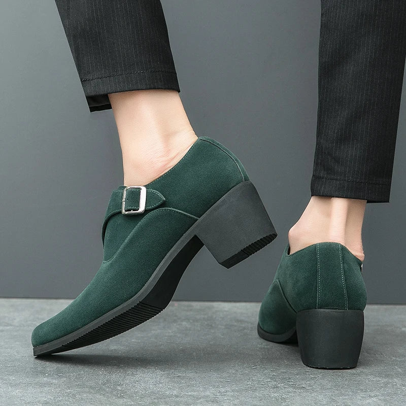 Man Height Increasing Pointed Toe Business Dress High Heel Shoes Buckle Decorated Men Casual Shoes