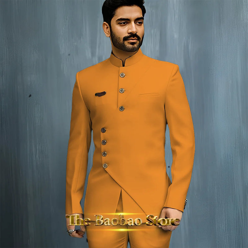 Matching Design Men's Suit 2pcs African/Indian Safiri Attire Customized Set with Gold Button for Wedding Party Formal Events