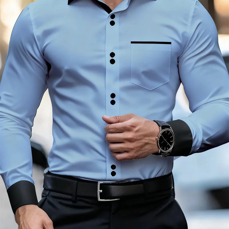 Men's Business Color Block Collar Long Sleeve Shirt, Slim | SAMAG