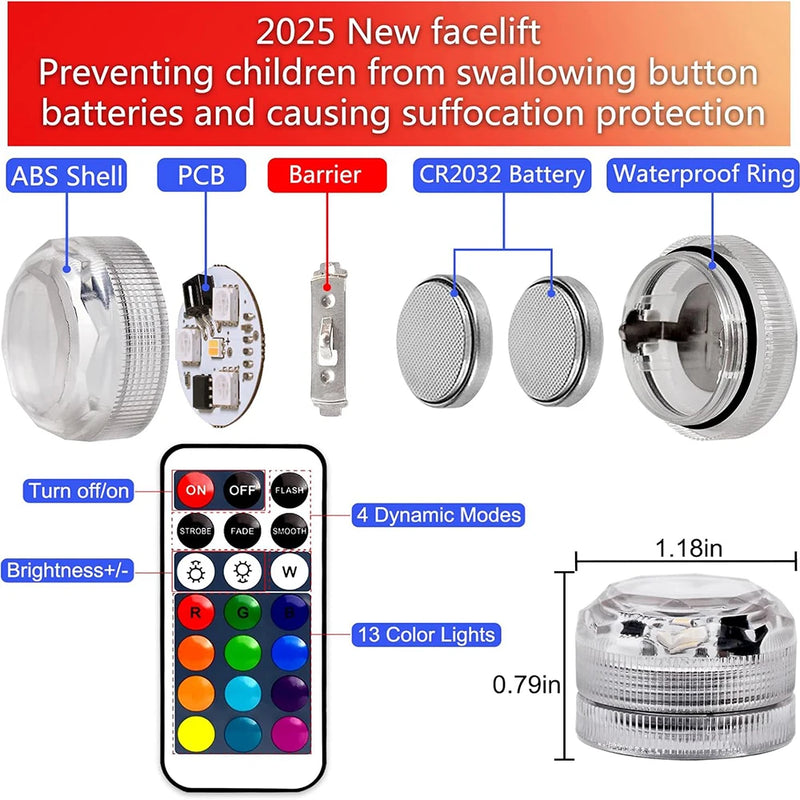 Mini Submersible LED Lights Small Underwater Tea Lights Candles Waterproof with Remote Battery Operated for Home Party Wedding