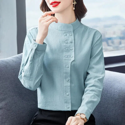 Women Stand Collar Double Row Button Cotton Blouse Long | SAMAG