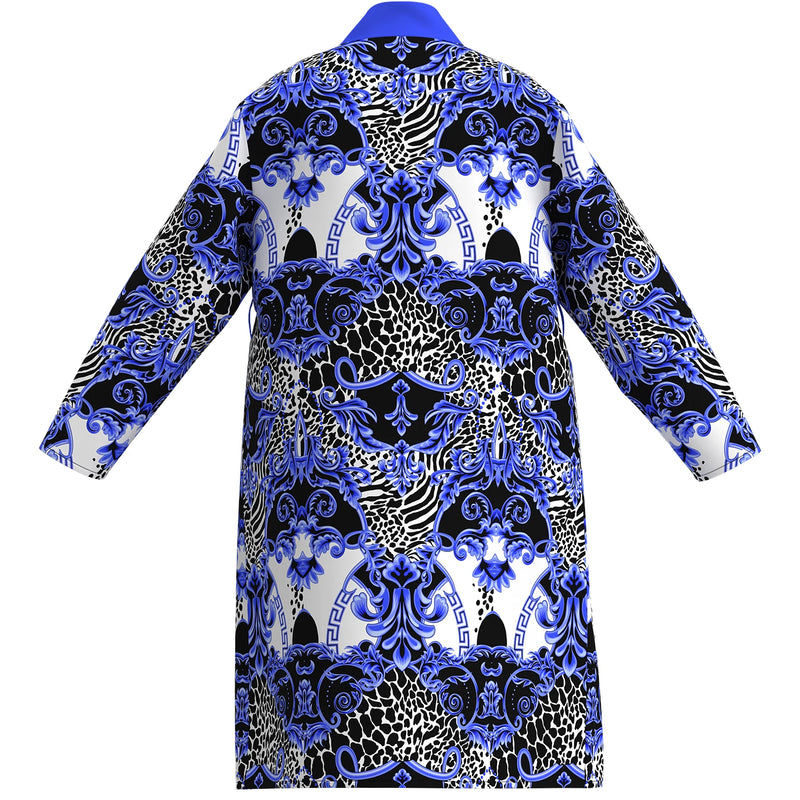 Men's blue and white baroque print bathrobe, light luxury leopard print floral long-sleeved home clothes, casual nightgown
