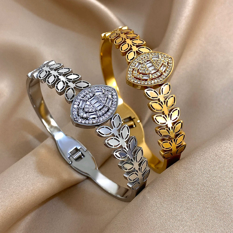 Stainless Steel Bangle Bracelet Inlay Luxury Rhinestones Gorgeous Synthetic Zirconia Geometric Oval Square Stars Shape for Women