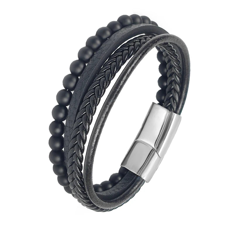 MingAo Charm Men Jewelry Natural Stone Multi-Layer Leather bracelet Black Stainless Steel Magnetic Clasp Tiger eye Bead Bracelet